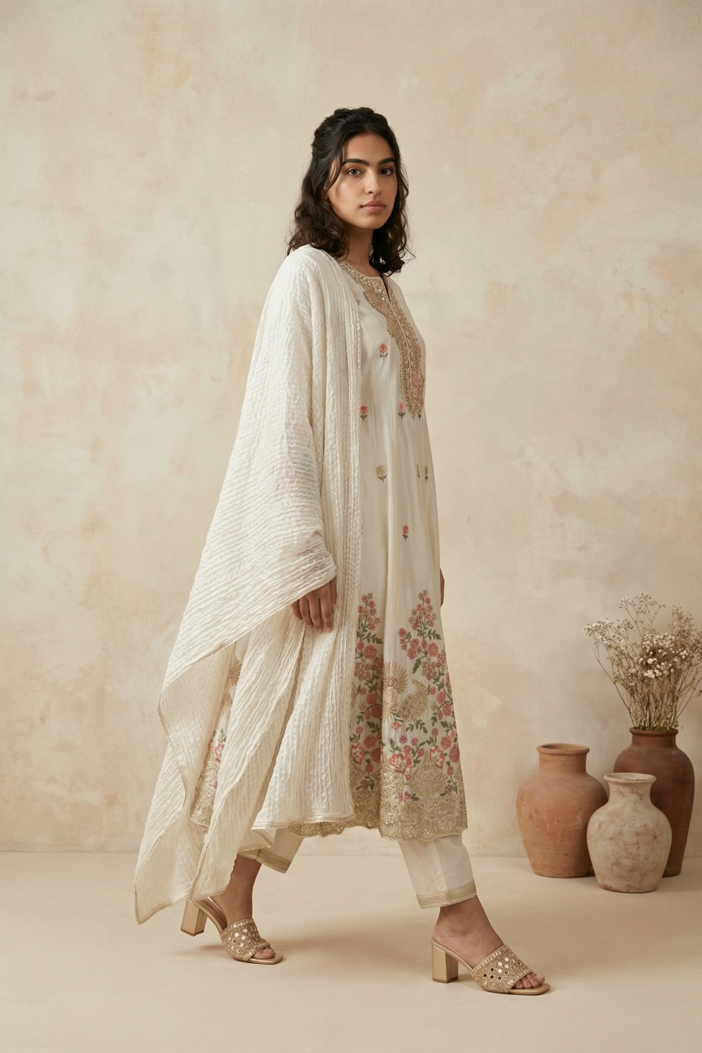 Ivory Mul Chanderi Anarkali Set - Mokshaa
