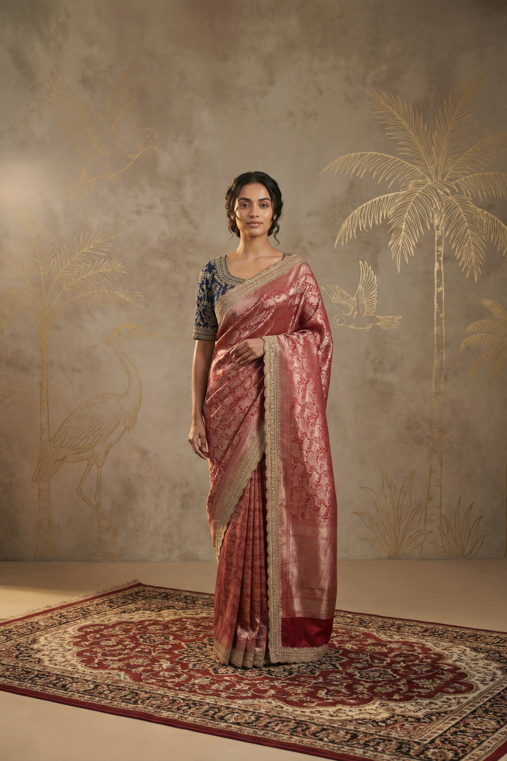 Red Banarasi Silk Saree with Zardosi Border and Contrast Blue Blouse - Mokshaa