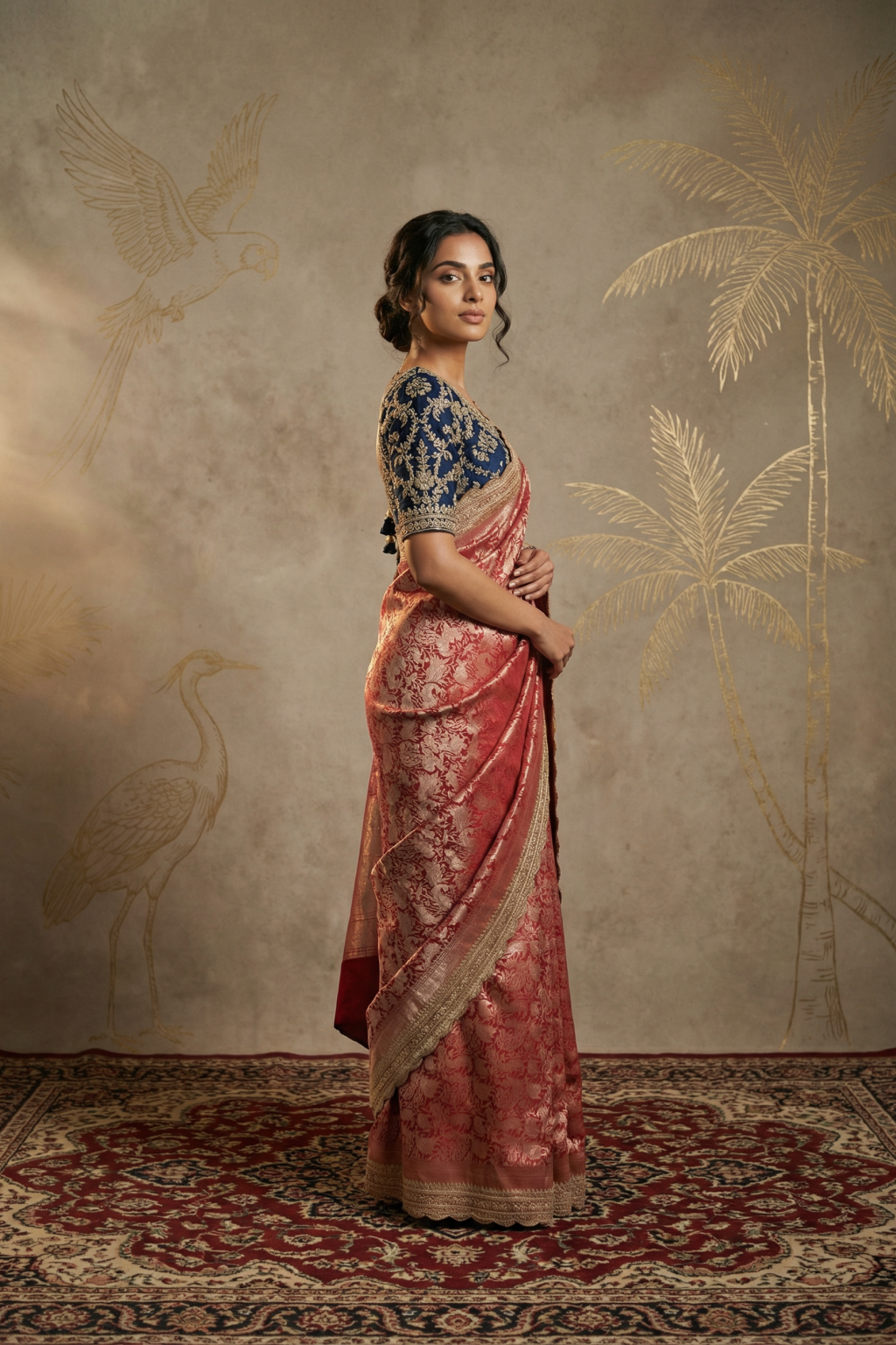 Red Banarasi Silk Saree with Zardosi Border and Contrast Blue Blouse - Mokshaa