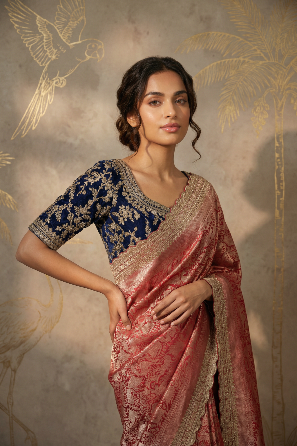 Red Banarasi Silk Saree with Zardosi Border and Contrast Blue Blouse - Mokshaa