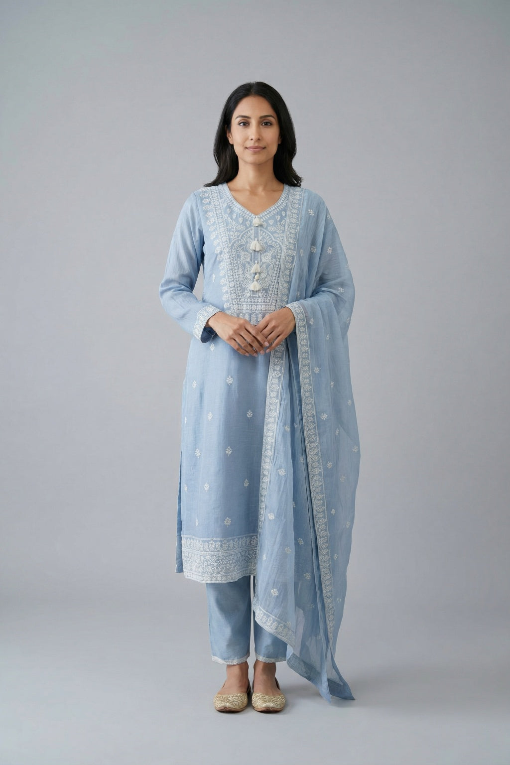 Ice Blue Mul Cotton Salwar Set - Mokshaa