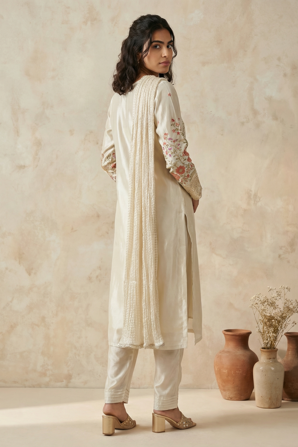 Ivory Chanderi Salwar Set with Multicolour Embroidery - Mokshaa