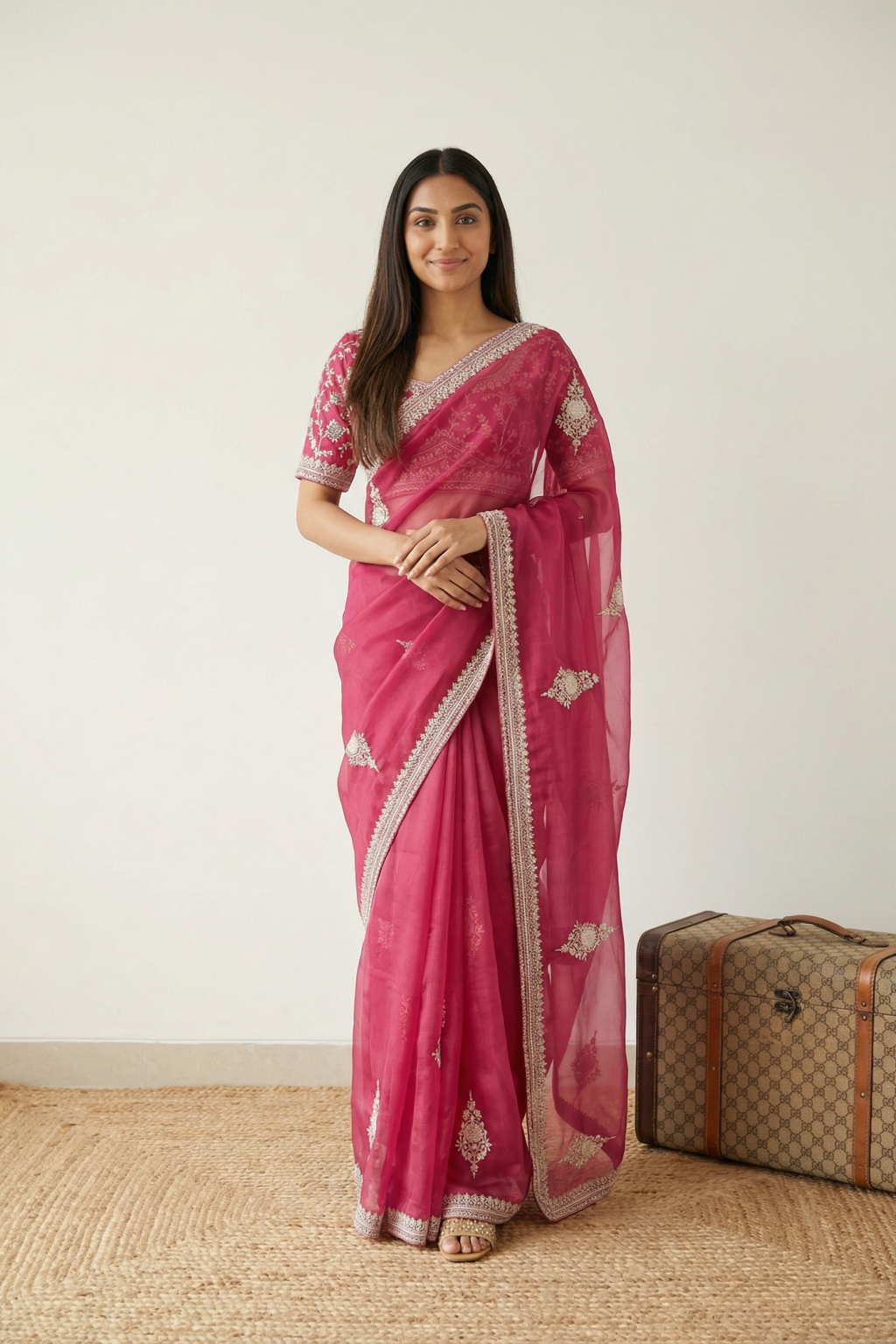 Pink Organza Saree with Pearl & Bead Butti Work - Mokshaa