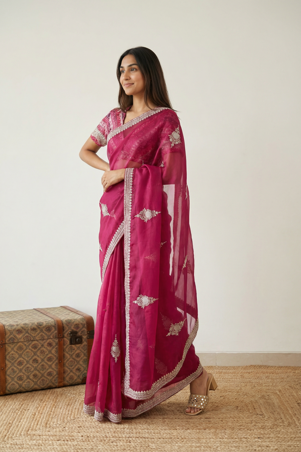 Pink Organza Saree with Pearl & Bead Butti Work - Mokshaa