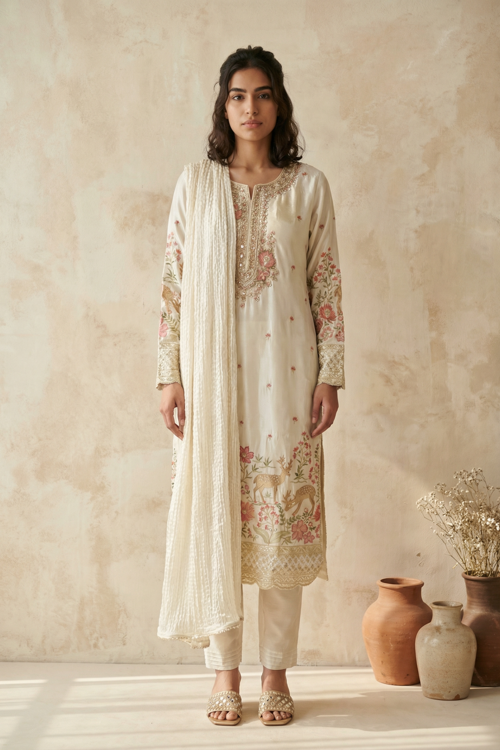 Ivory Chanderi Salwar Set with Multicolour Embroidery - Mokshaa