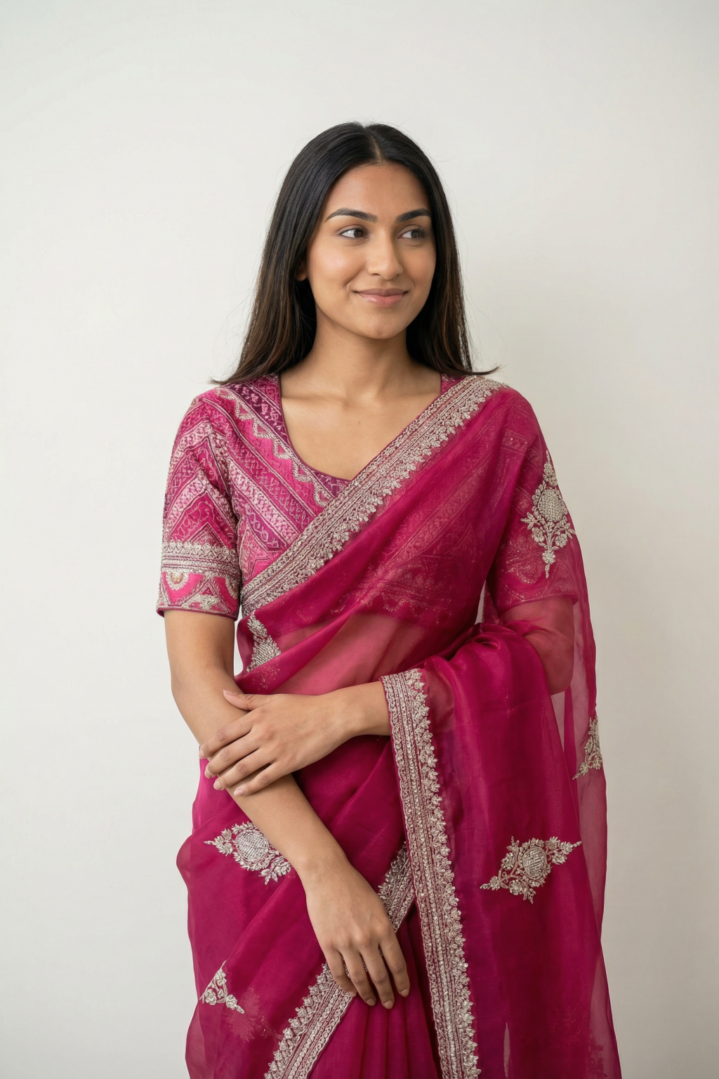 Pink Organza Saree with Pearl & Bead Butti Work - Mokshaa