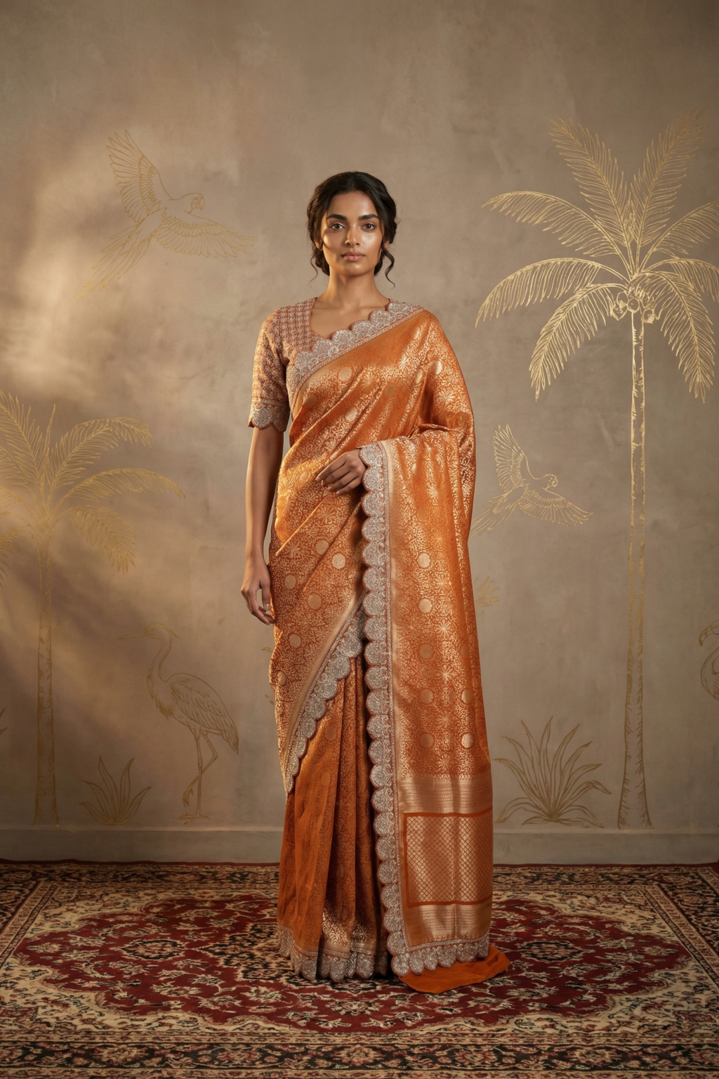 Orange Banarasi Silk Designer Saree with Zardosi Border - Mokshaa