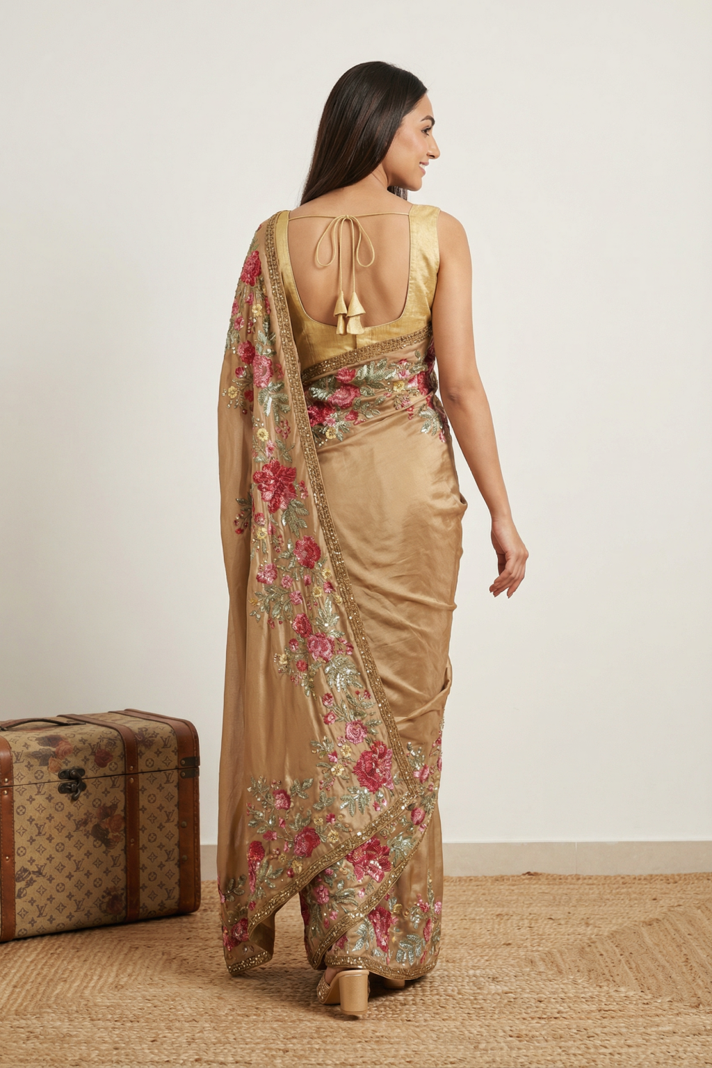 Gold Satin Floral Sequin Saree - Mokshaa