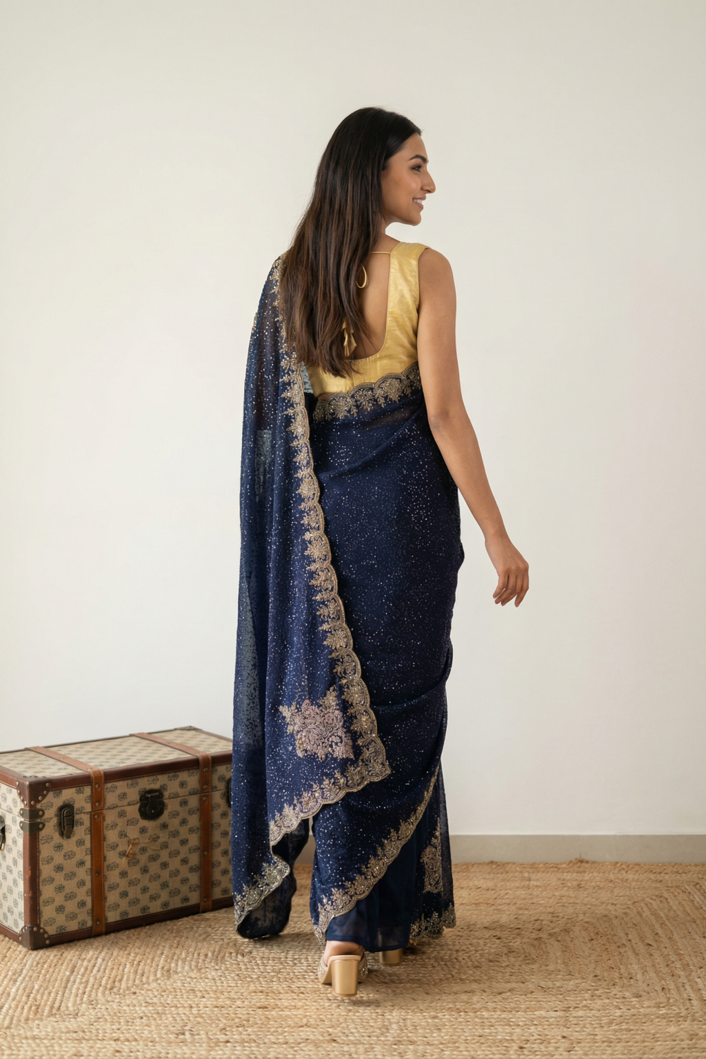 Royal Blue Georgette Saree with All-Over Sequins & Zardosi Border - Mokshaa