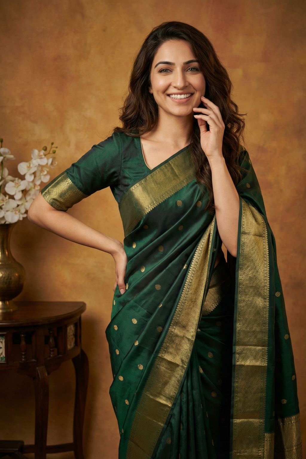 Green Kanchivaram Pattu Saree with Gold Zari Motifs - Mokshaa