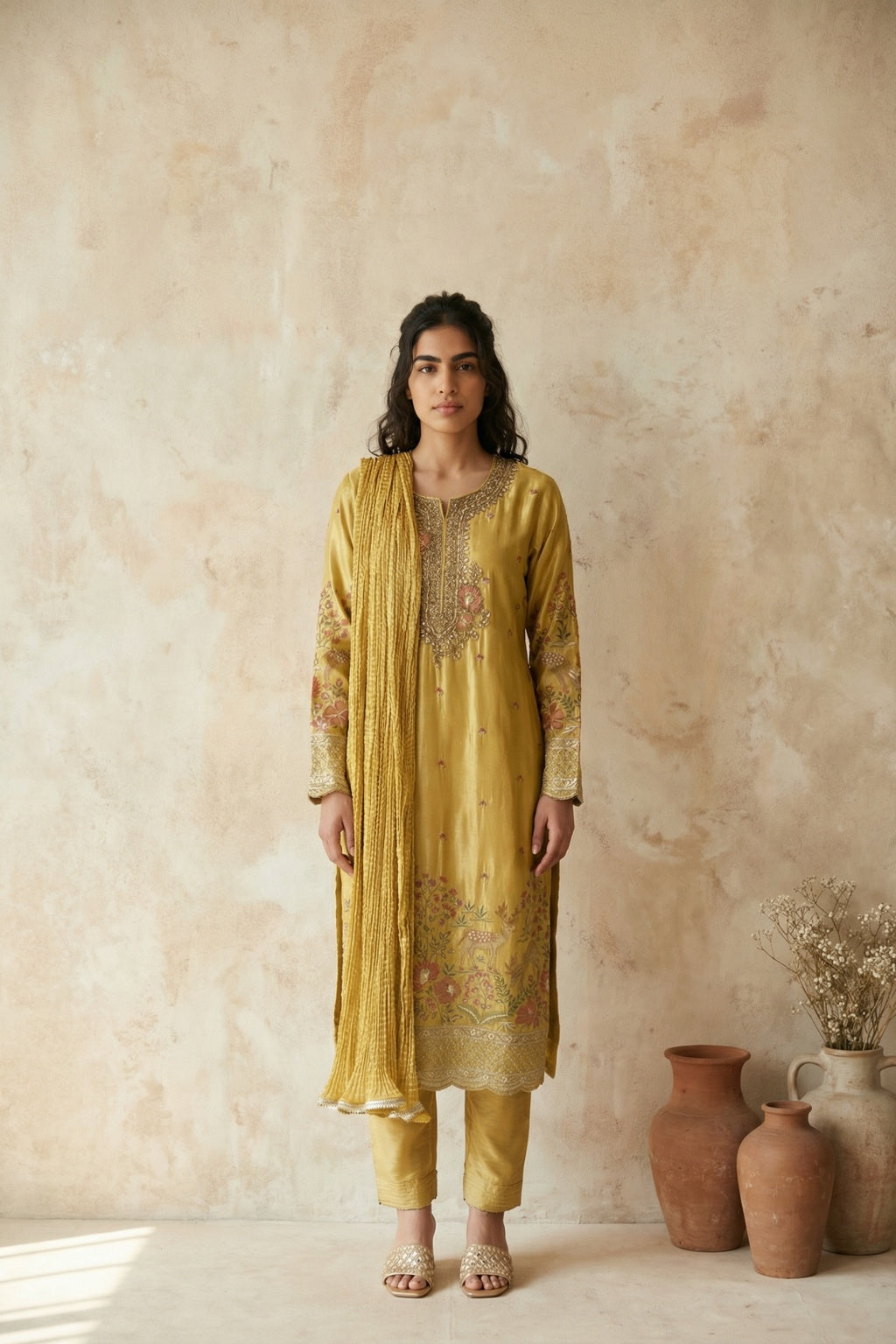 Mustard Mul Chanderi Salwar Set - Mokshaa