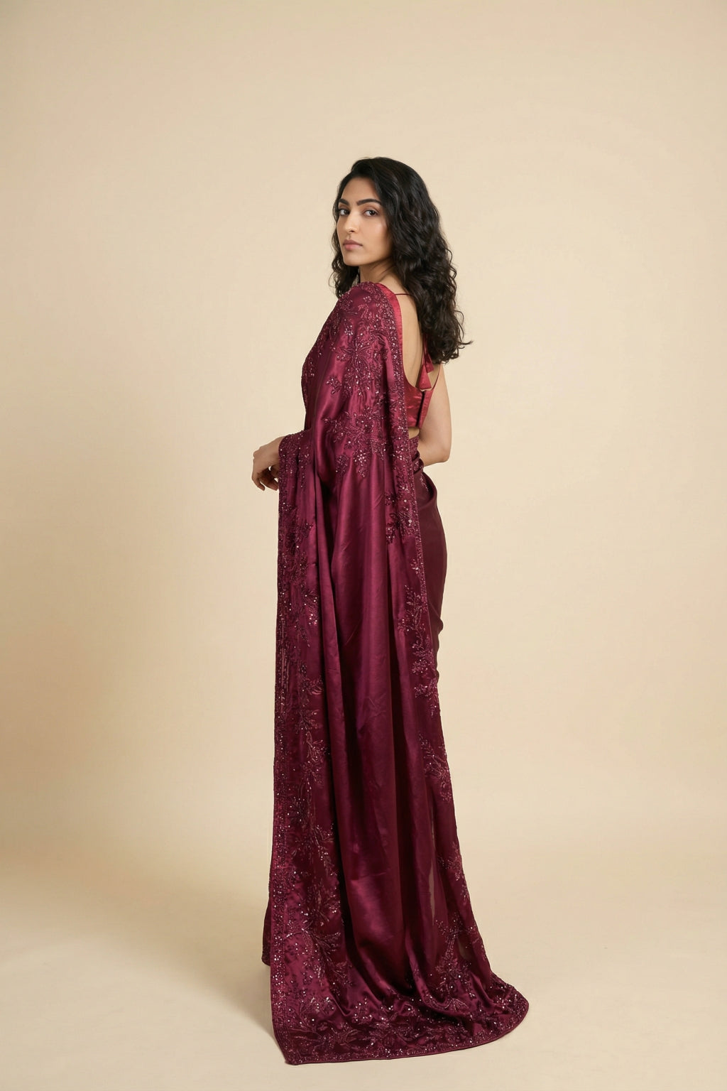 Maroon Satin Saree with Beaded Embroidery Border - Mokshaa