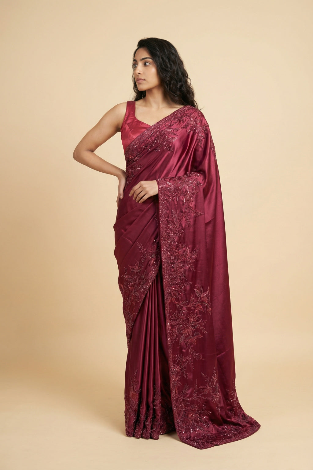 Maroon Satin Saree with Beaded Embroidery Border - Mokshaa