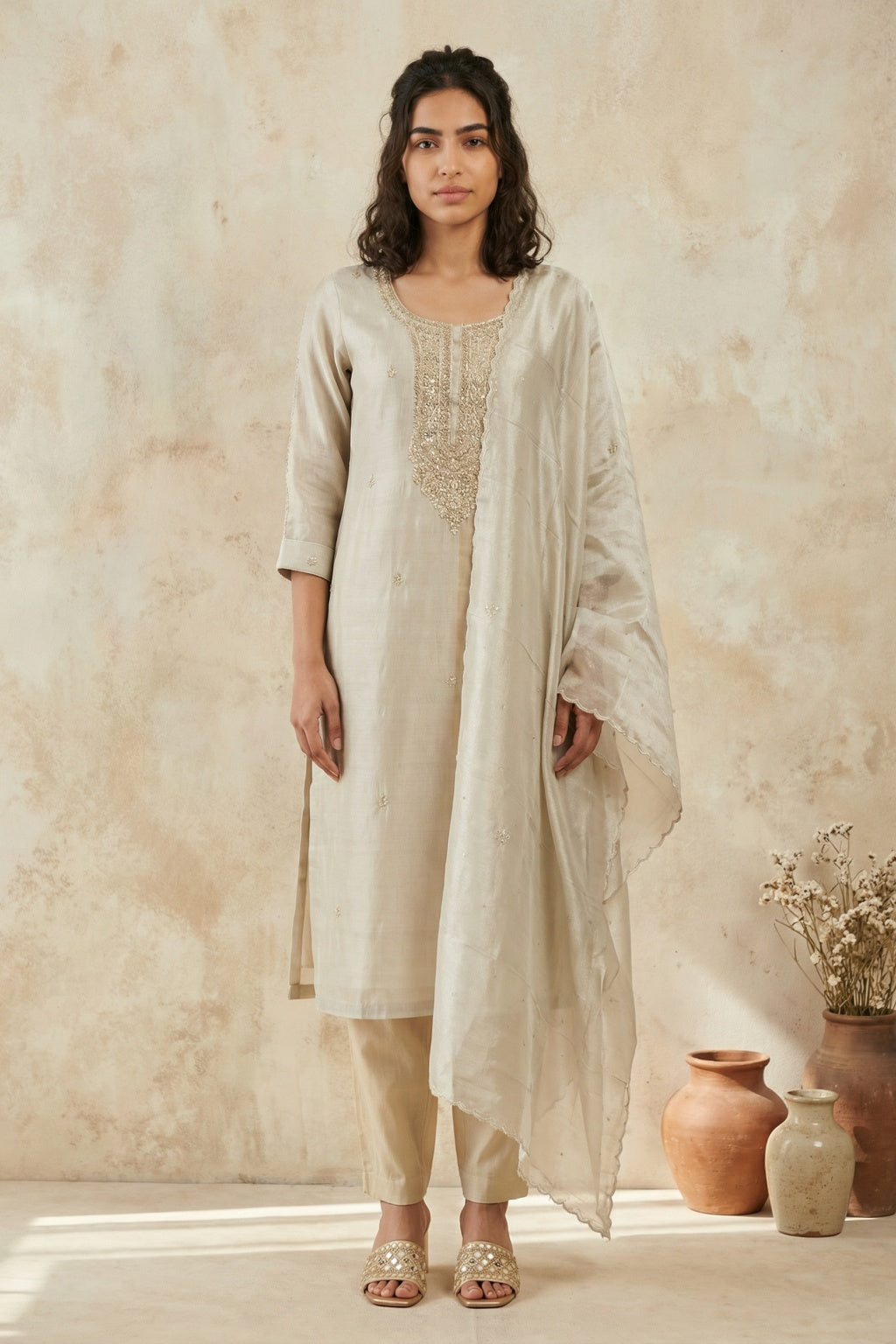 Champagne Gold Tissue Organza Salwar Set - Mokshaa
