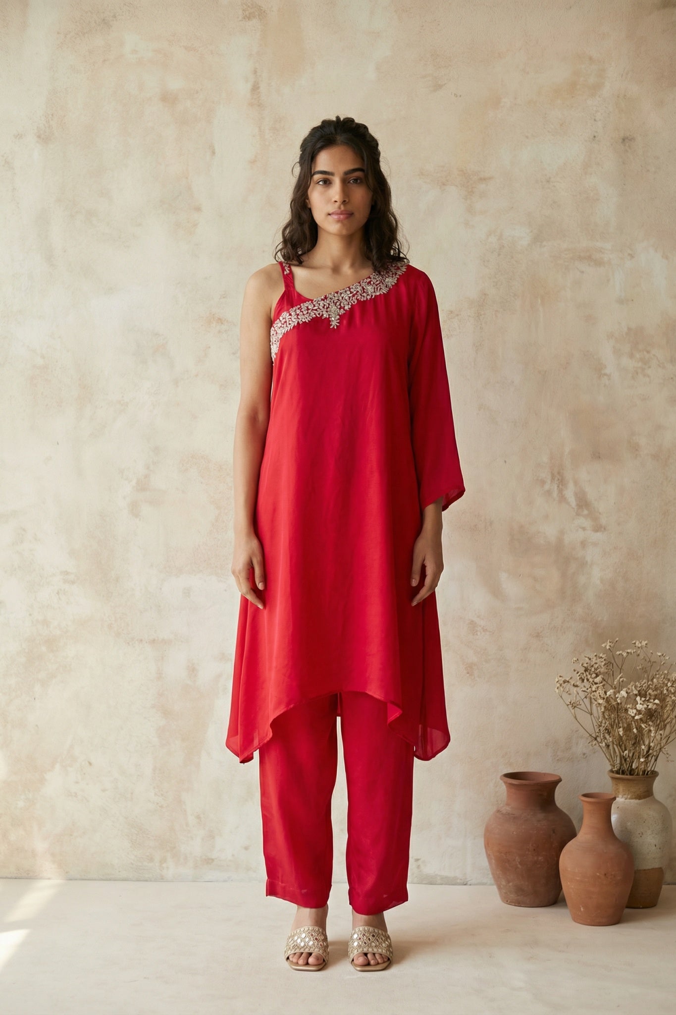 Red Satin One-Shoulder Kurta Set - Mokshaa