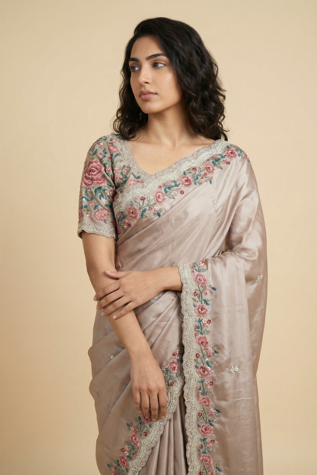 Champagne Gold Satin Floral Embroidered Saree - Mokshaa
