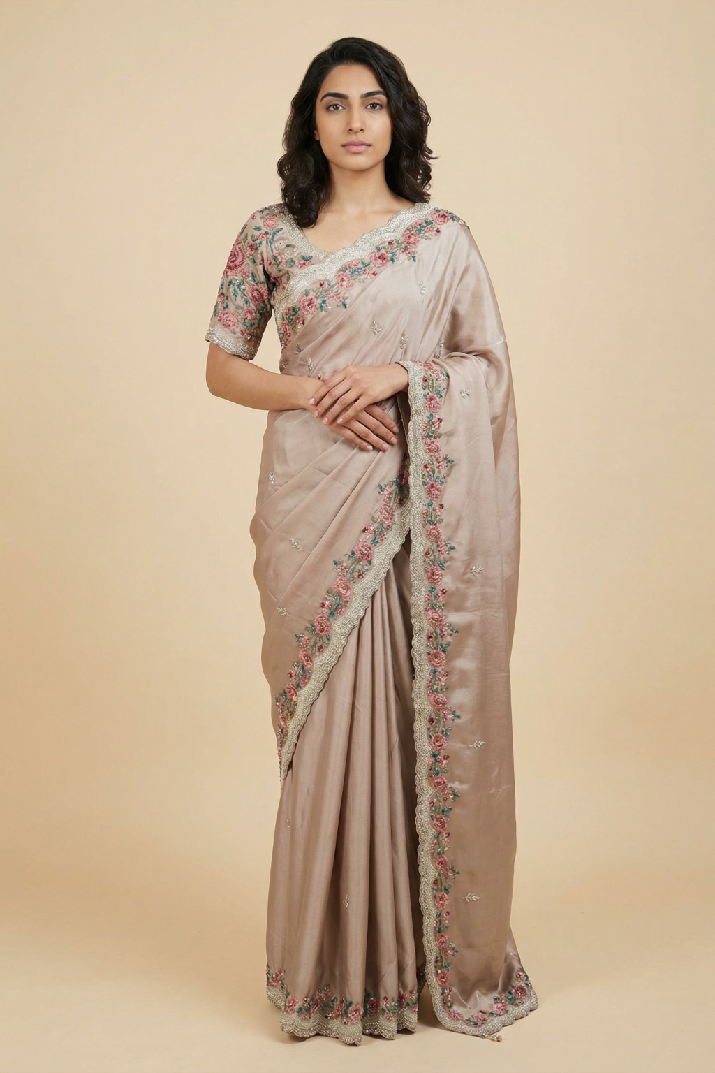 Champagne Gold Satin Floral Embroidered Saree - Mokshaa
