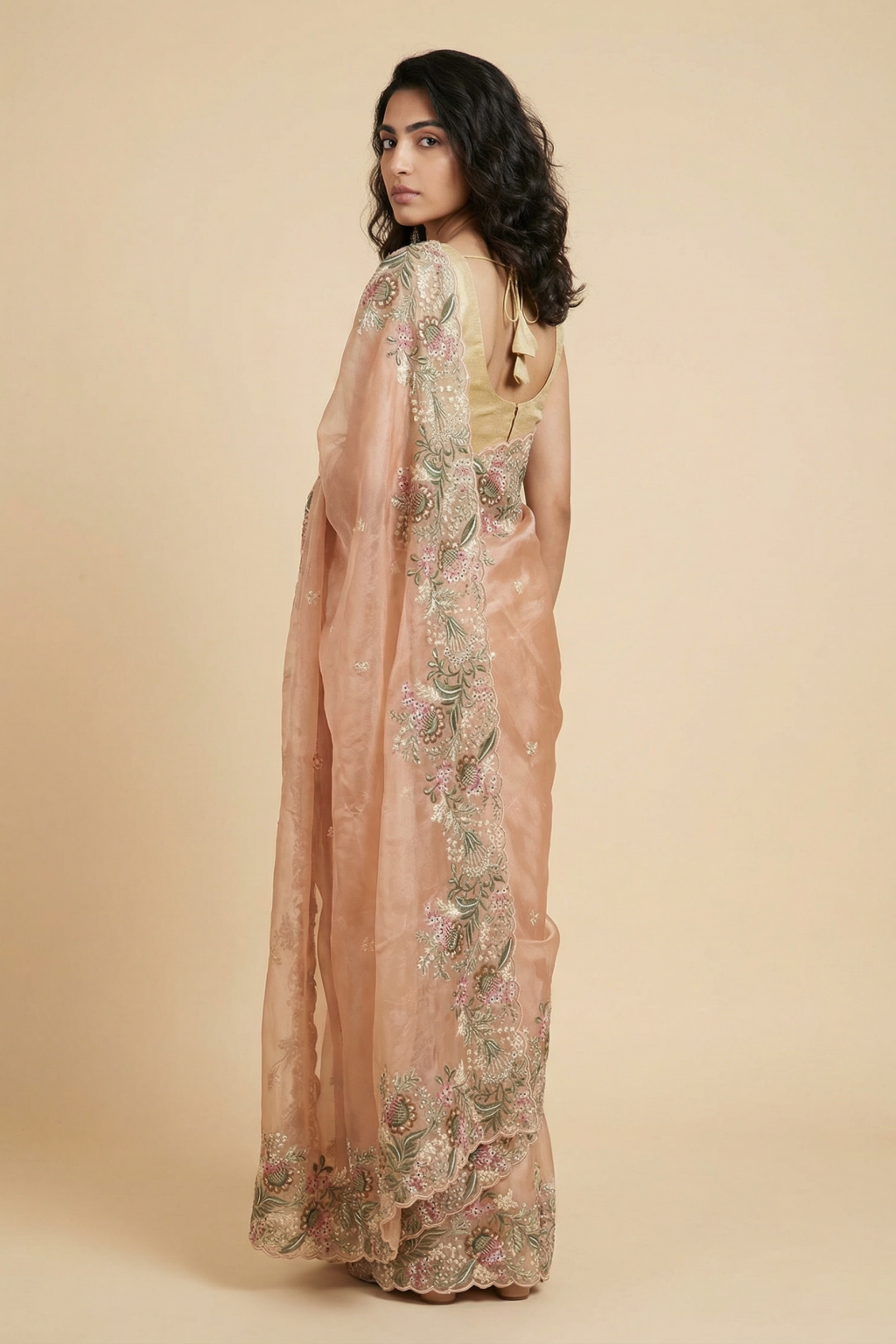 Peach Tissue Kora Saree with Floral Thread Embroidery - Mokshaa