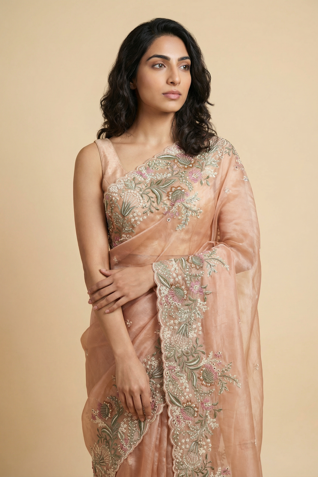 Peach Tissue Kora Saree with Floral Thread Embroidery - Mokshaa