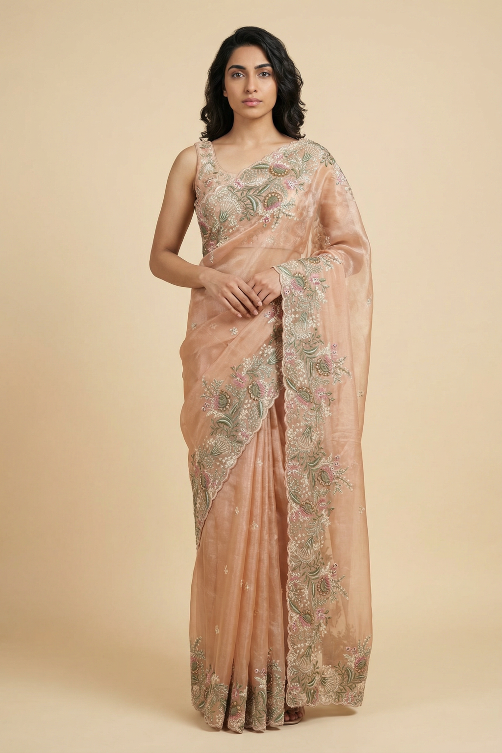 Peach Tissue Kora Saree with Floral Thread Embroidery - Mokshaa