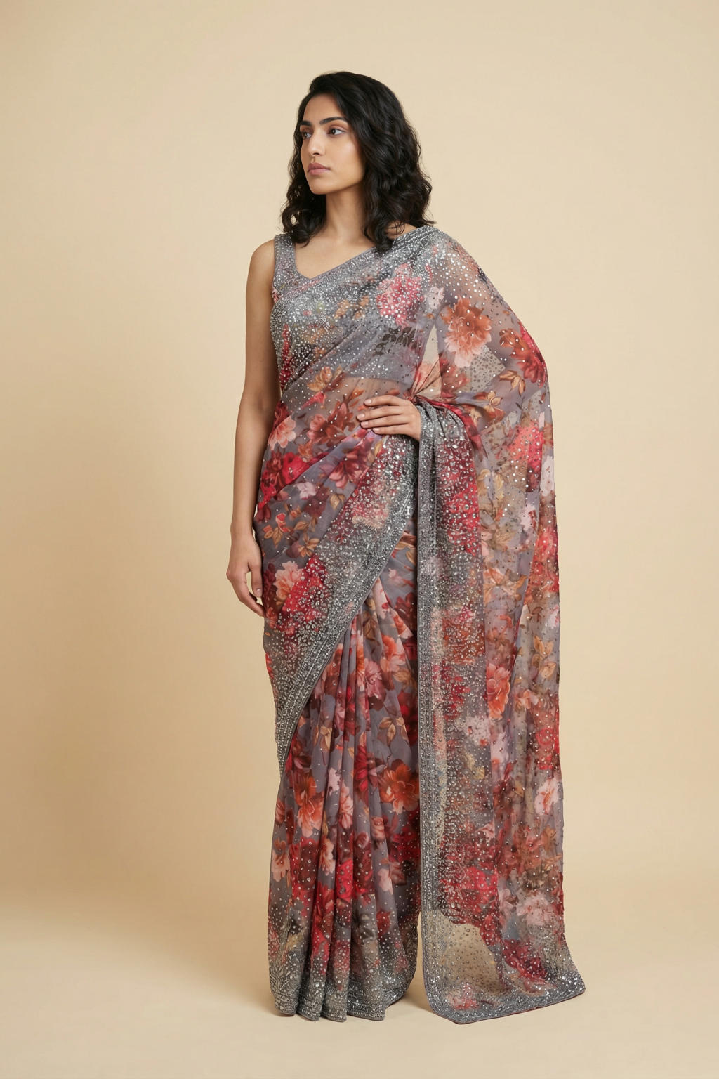 Multicolor Floral Printed Georgette Saree with All Over Sequins Work - Mokshaa