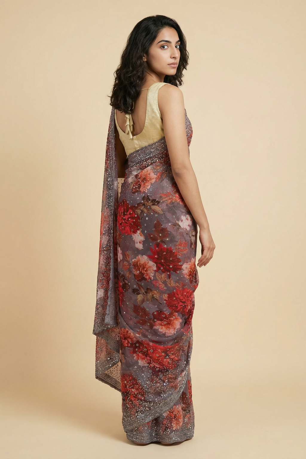Multicolor Floral Printed Georgette Saree with All Over Sequins Work - Mokshaa