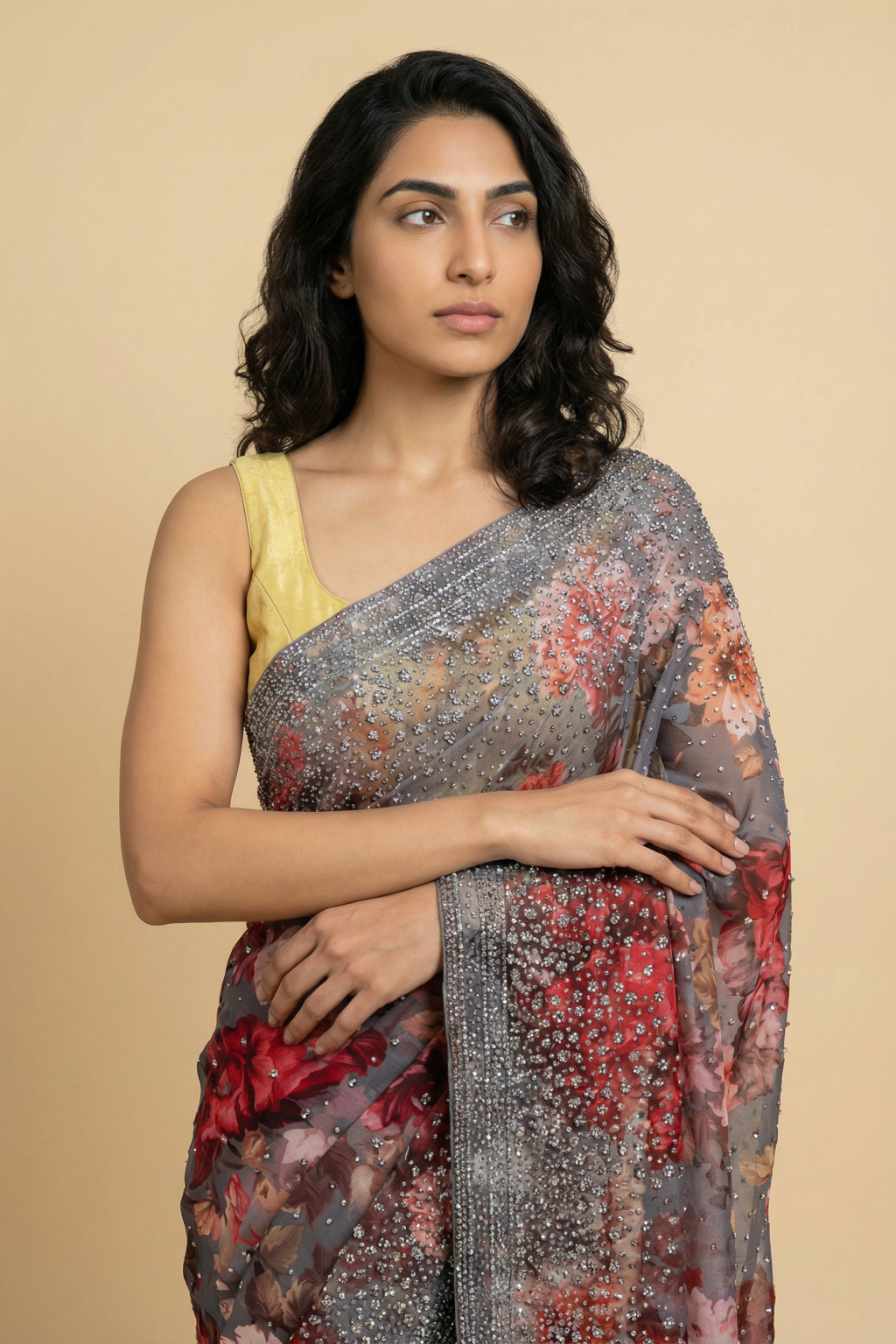 Multicolor Floral Printed Georgette Saree with All Over Sequins Work - Mokshaa