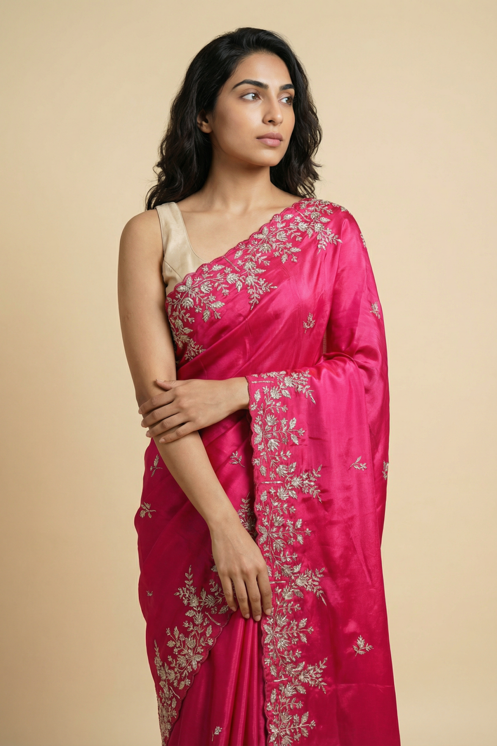 Pink Satin Saree with Kardhana and Sequin Embroidery