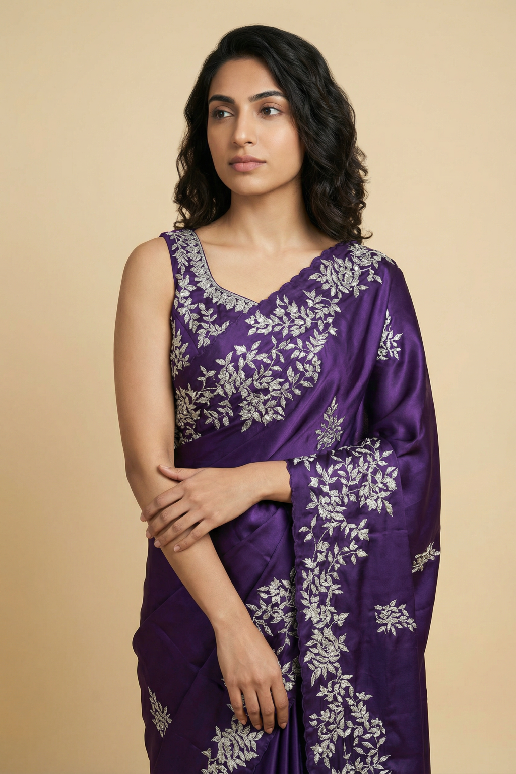 Navy Blue Satin Saree with Kardhana and Sequin Embroidery