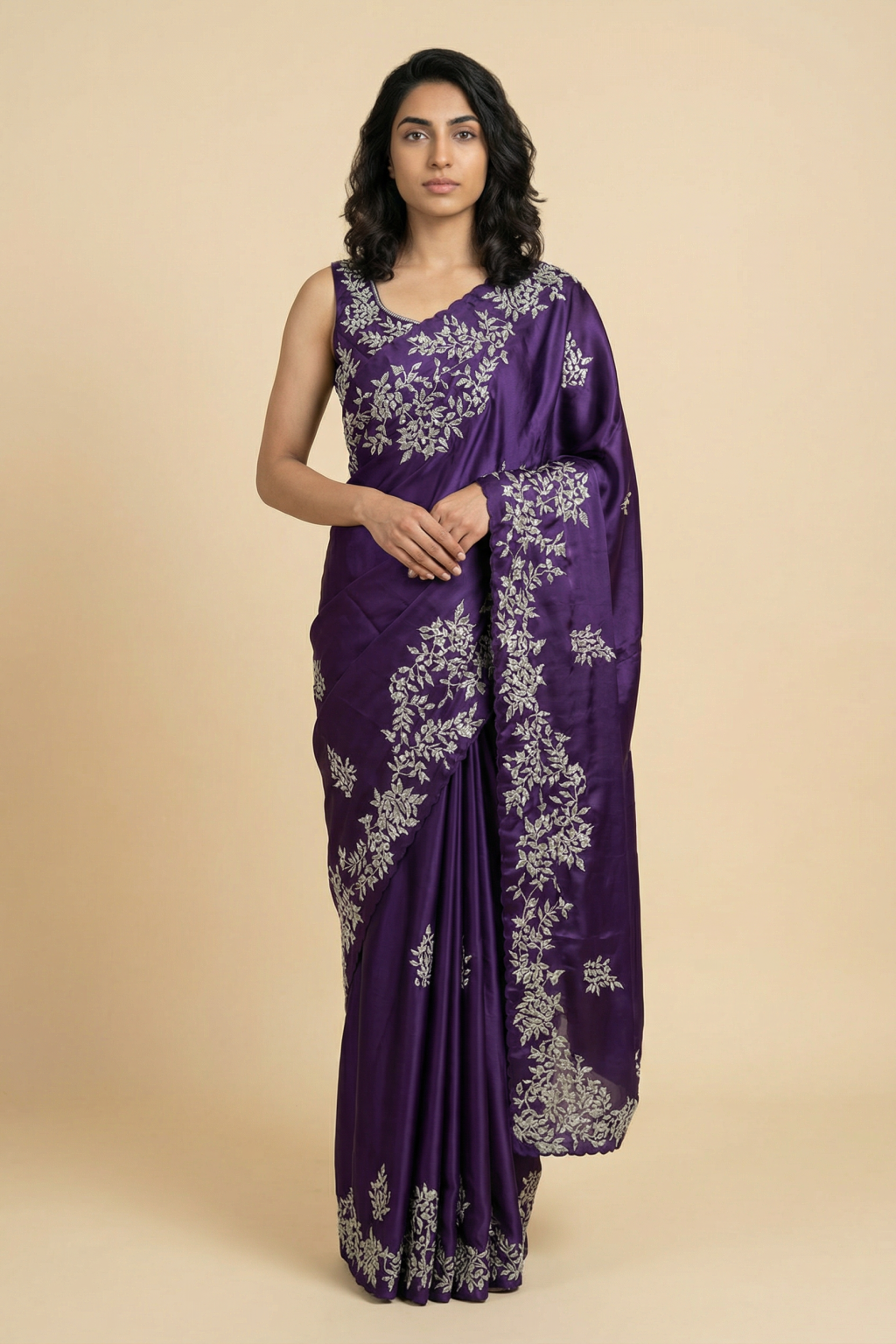 Navy Blue Satin Saree with Kardhana and Sequin Embroidery