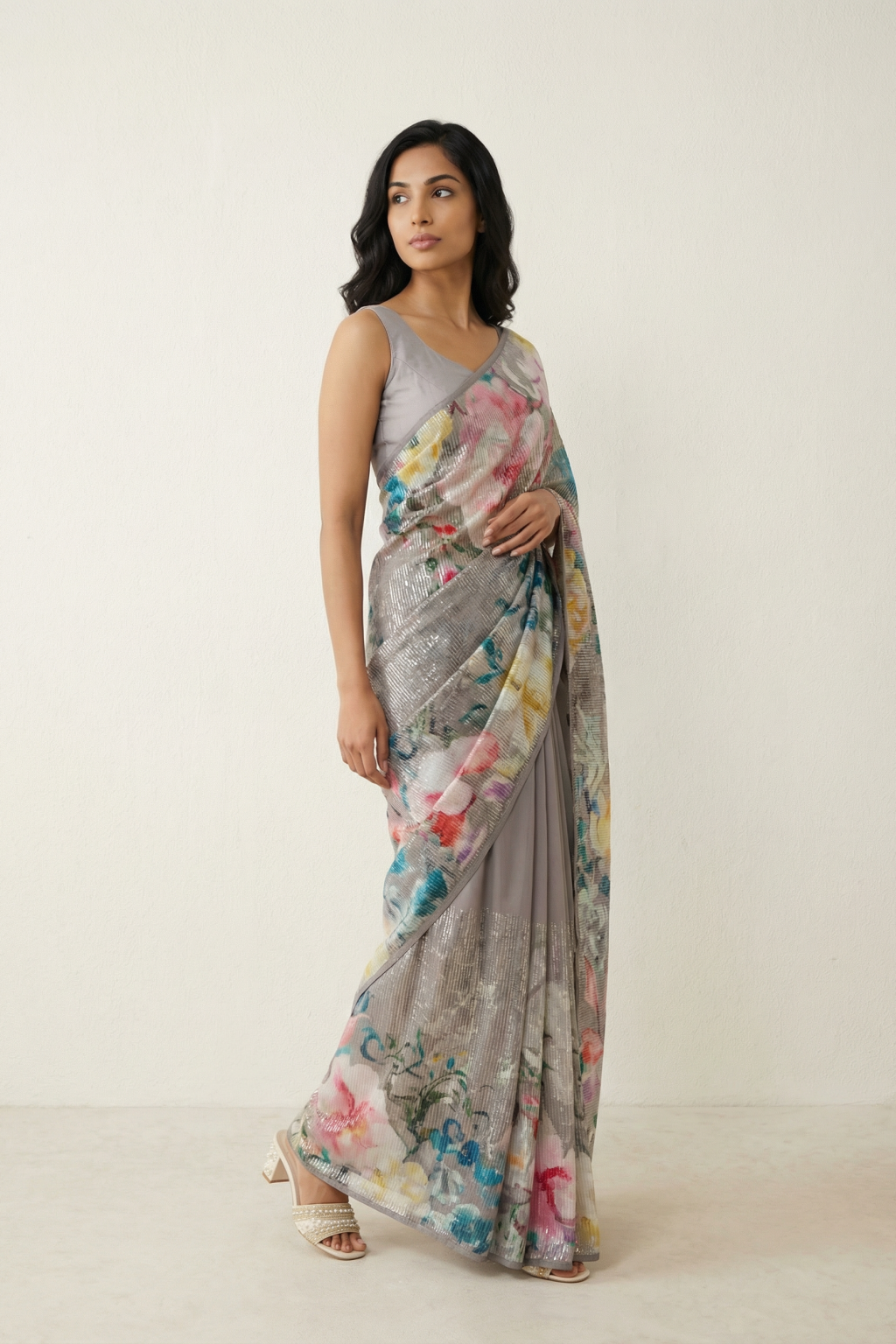 Onion Pink Georgette Sequin Saree