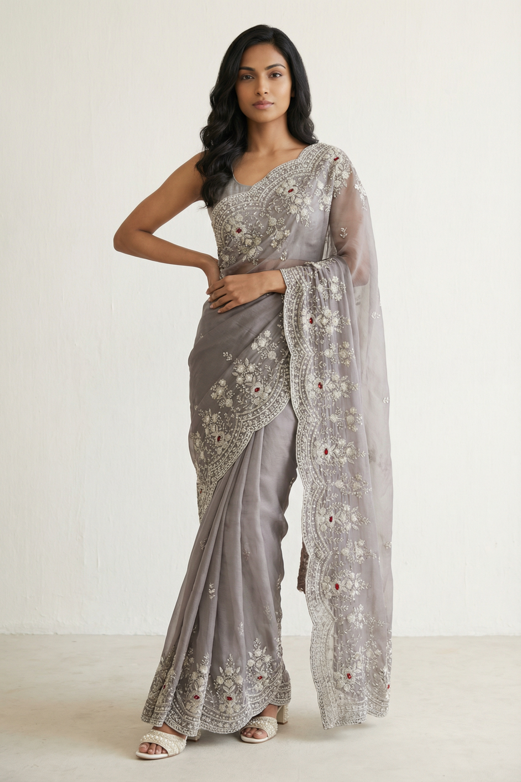 Dusty Lavender Tissue Organza Saree with Pearl and Sequin Embroidery