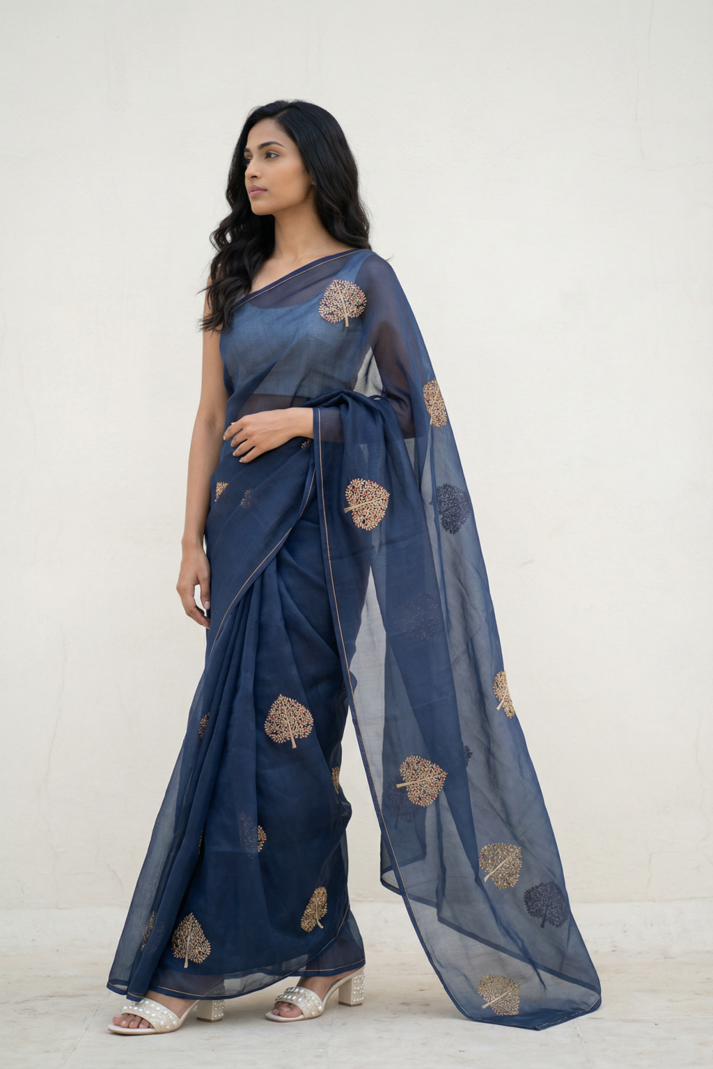 Navy Blue Organza Saree with Gold Tree Motifs