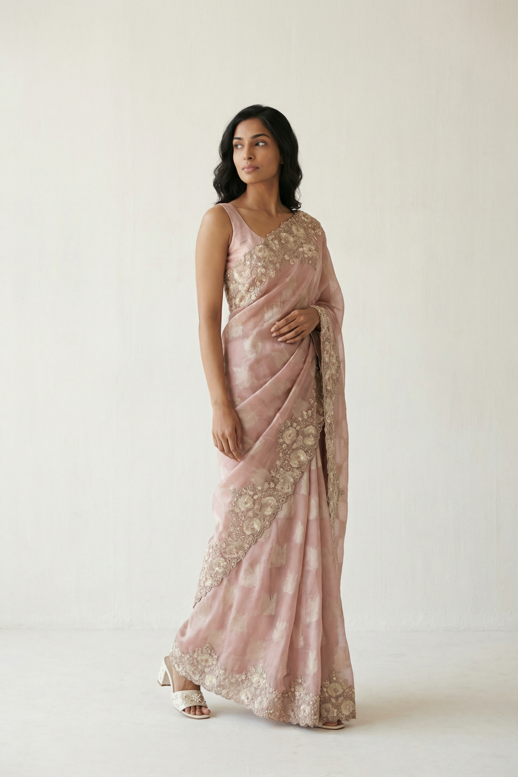 Pink Banarasi Tissue Saree with Pearl and Bead Embroidered Border - Mokshaa
