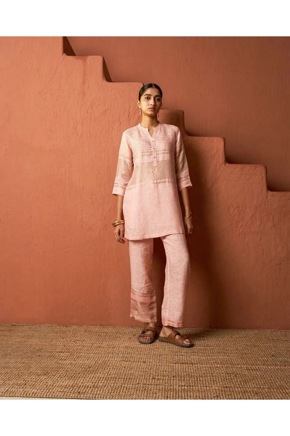 Pink Textured Linen Co-ord Set | Kurti | Mokshaa