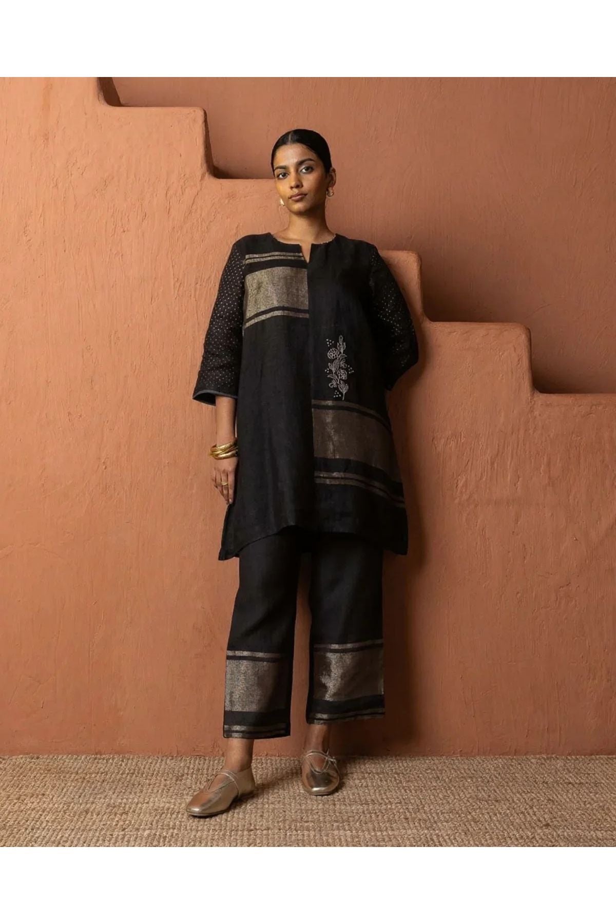 Black Metallic Accents Textured Linen Co-ord Set | Kurti | Mokshaa