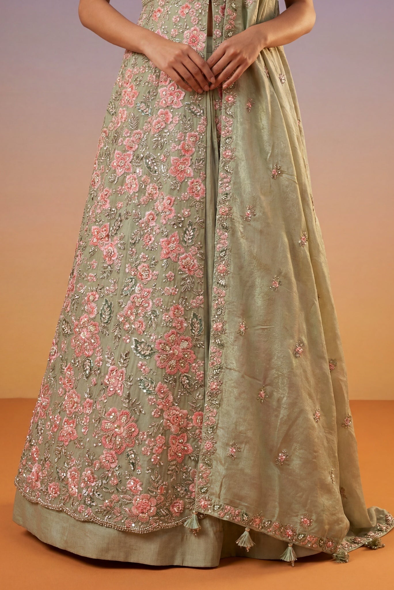 Sage Green Tissue Silk Indo-Western Lehenga