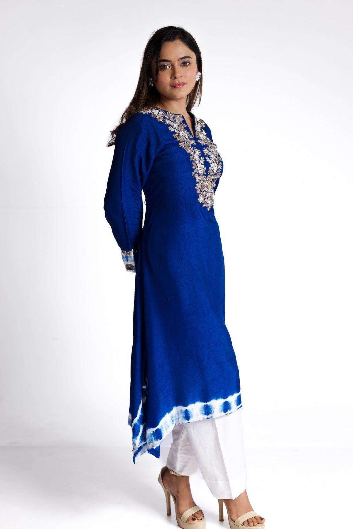 Royal Blue Silk Kurti Set - Mokshaa