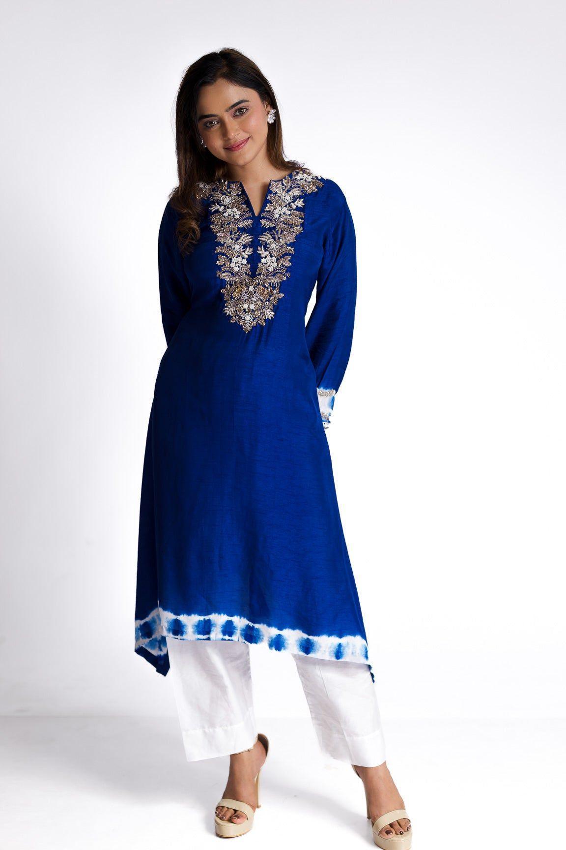 Royal Blue Silk Kurti Set - Mokshaa