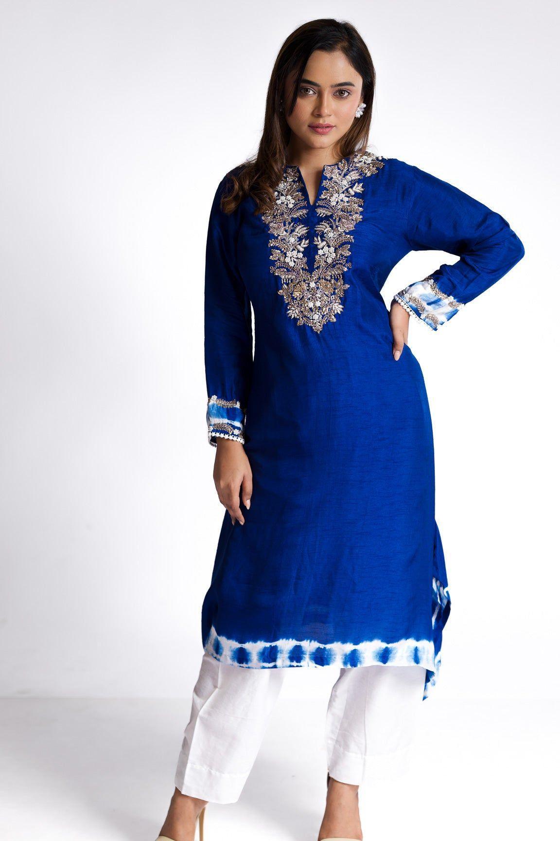 Royal Blue Silk Kurti Set - Mokshaa