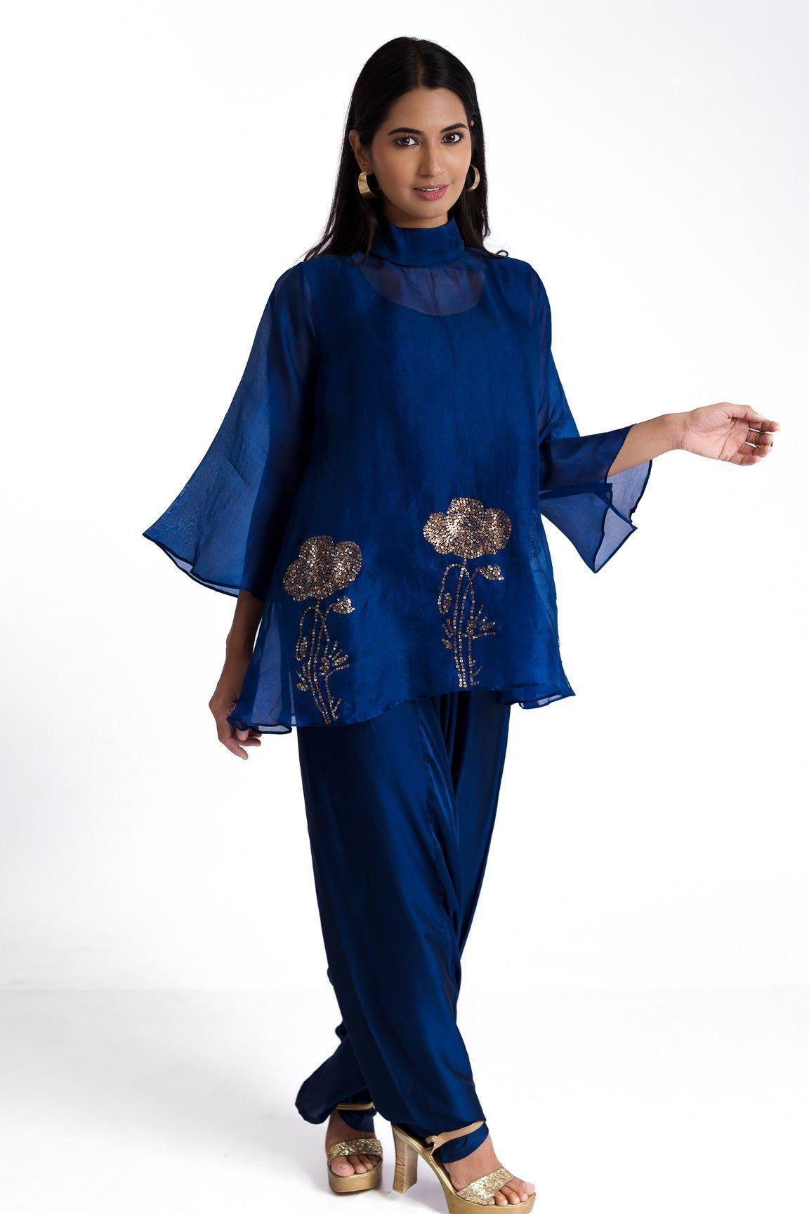 Azure Blue Organza Top And Pants Set - Mokshaa