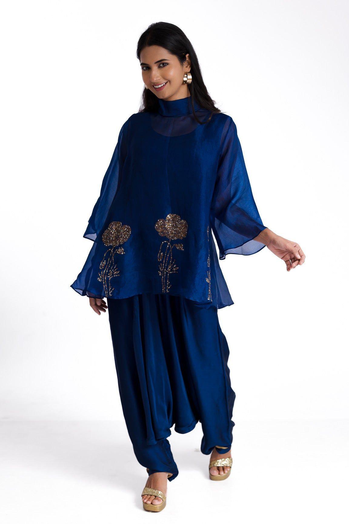 Azure Blue Organza Top And Pants Set - Mokshaa