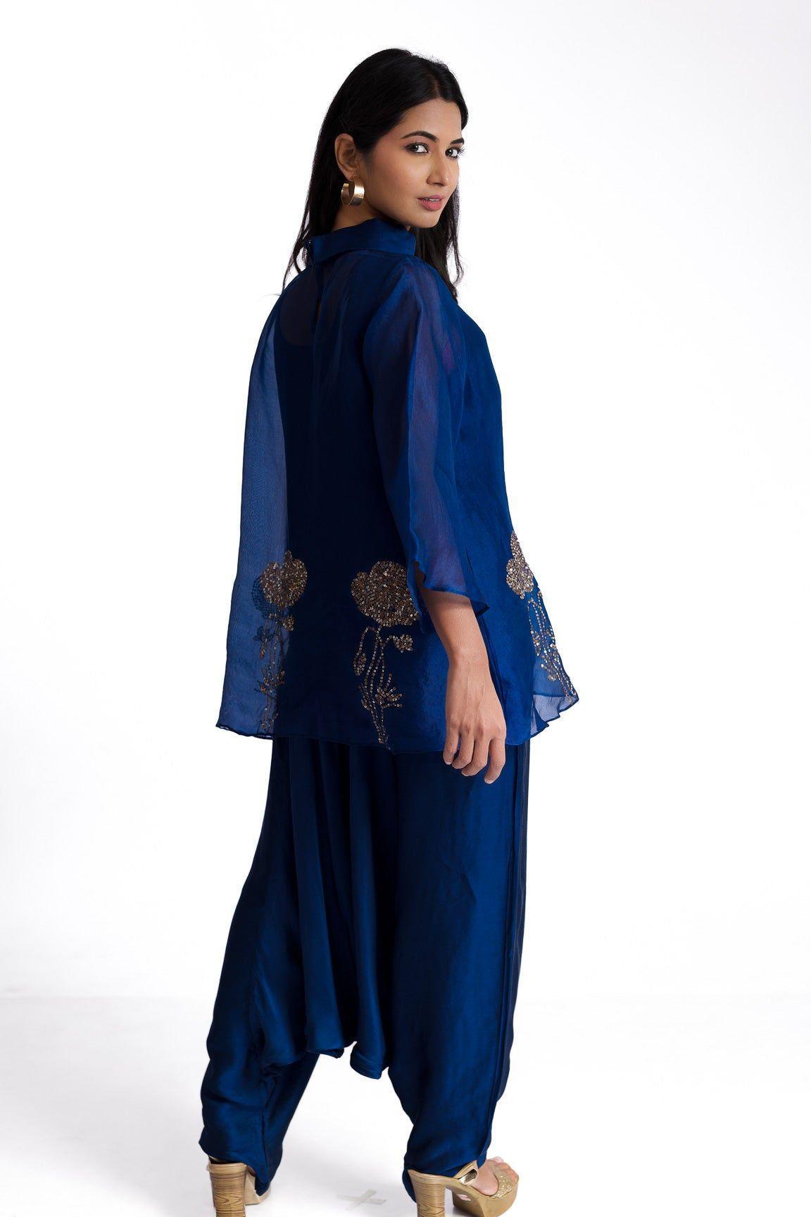 Azure Blue Organza Top And Pants Set - Mokshaa