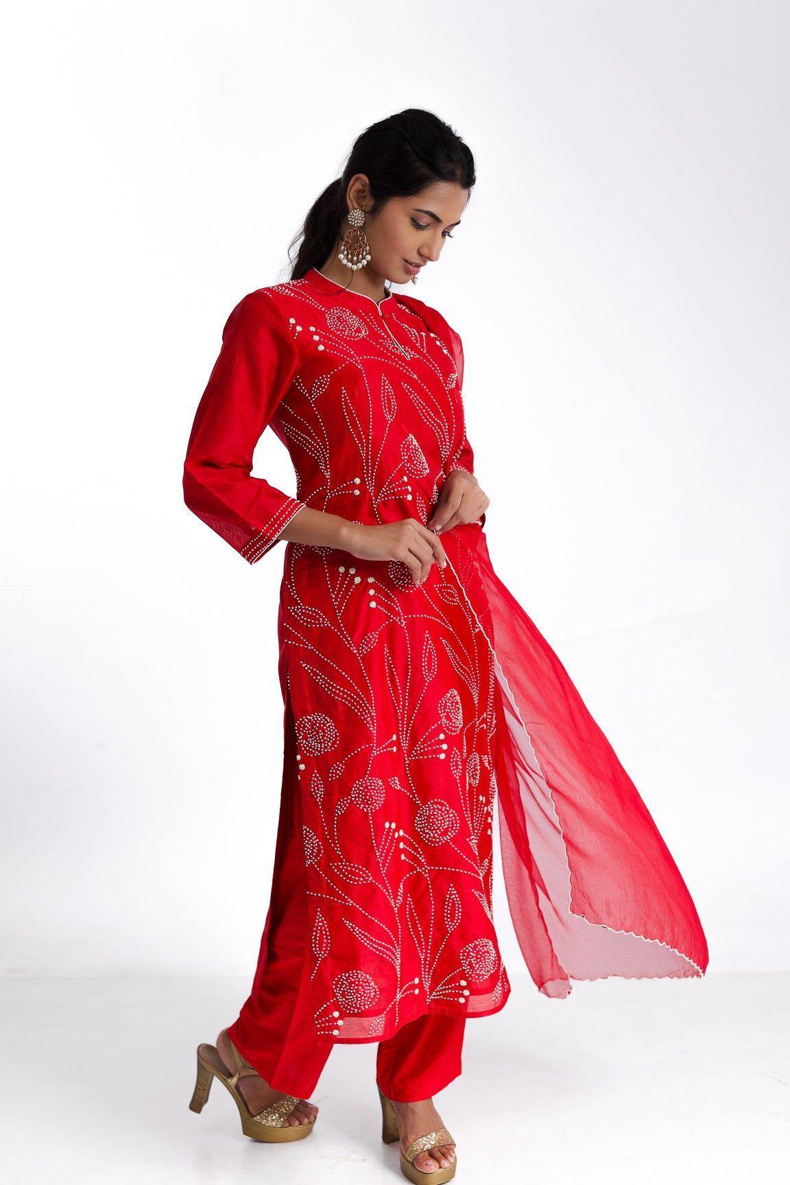 Red Silk Kurta Set - Mokshaa