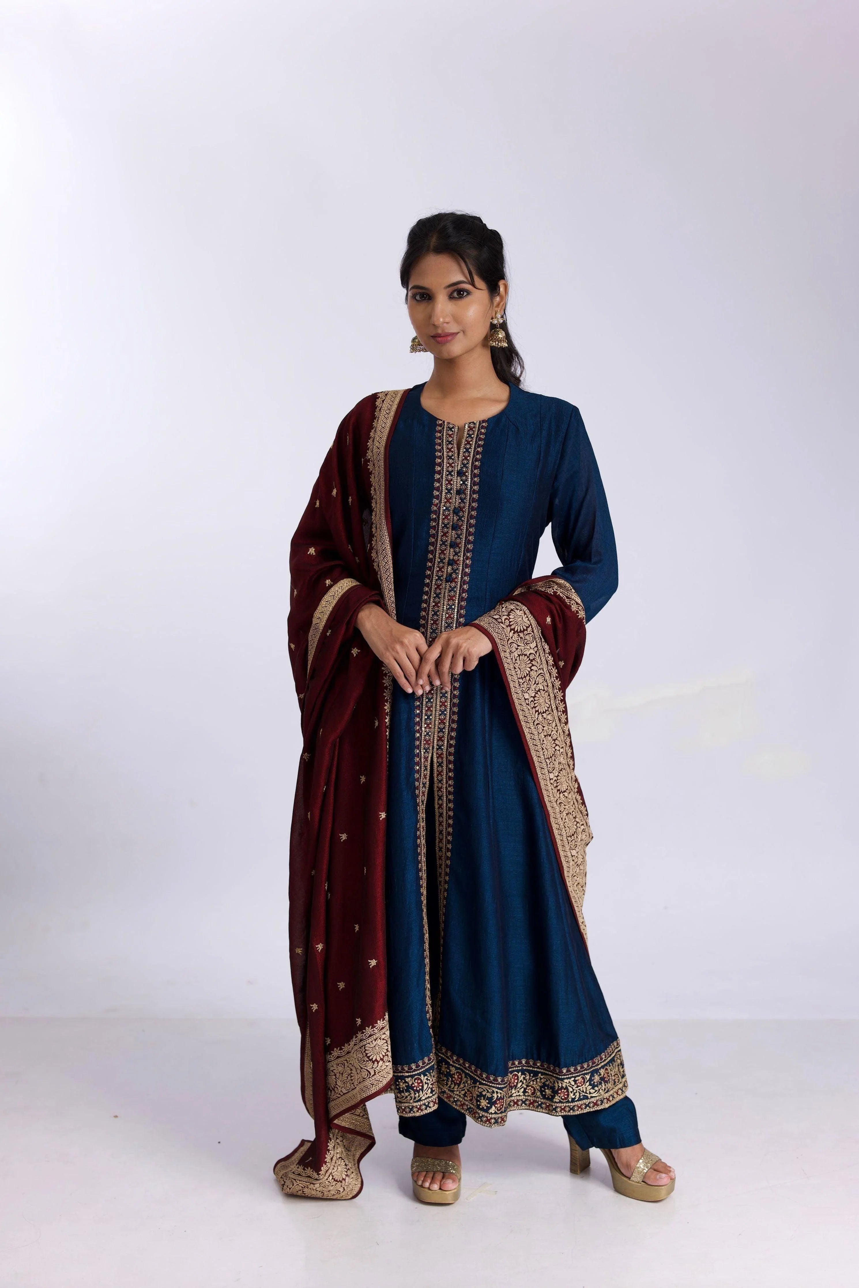 Royal Blue Silk Anarkali Suit Set With Satin-Silk Dupatta - Mokshaa