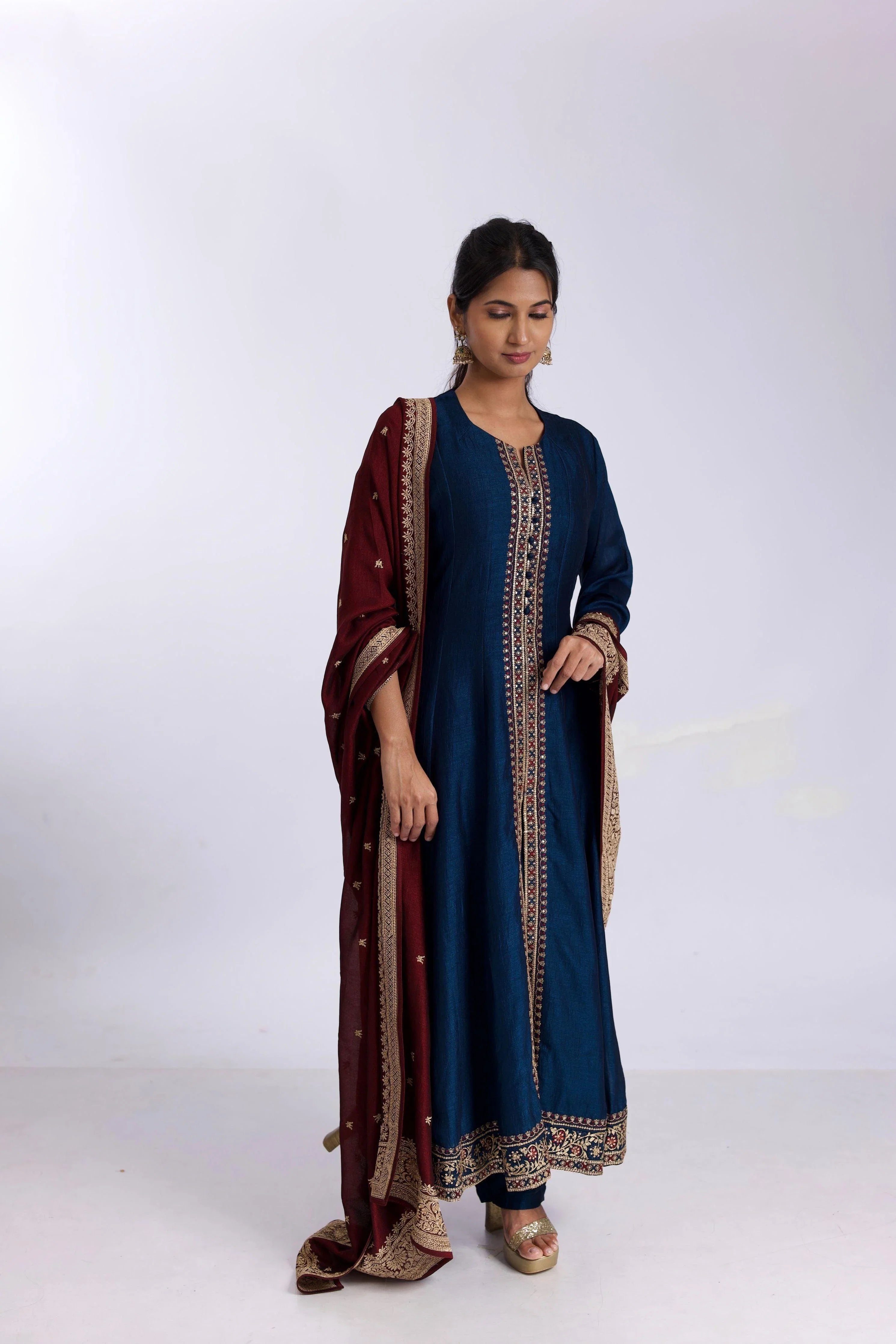 Royal Blue Silk Anarkali Suit Set With Satin-Silk Dupatta - Mokshaa
