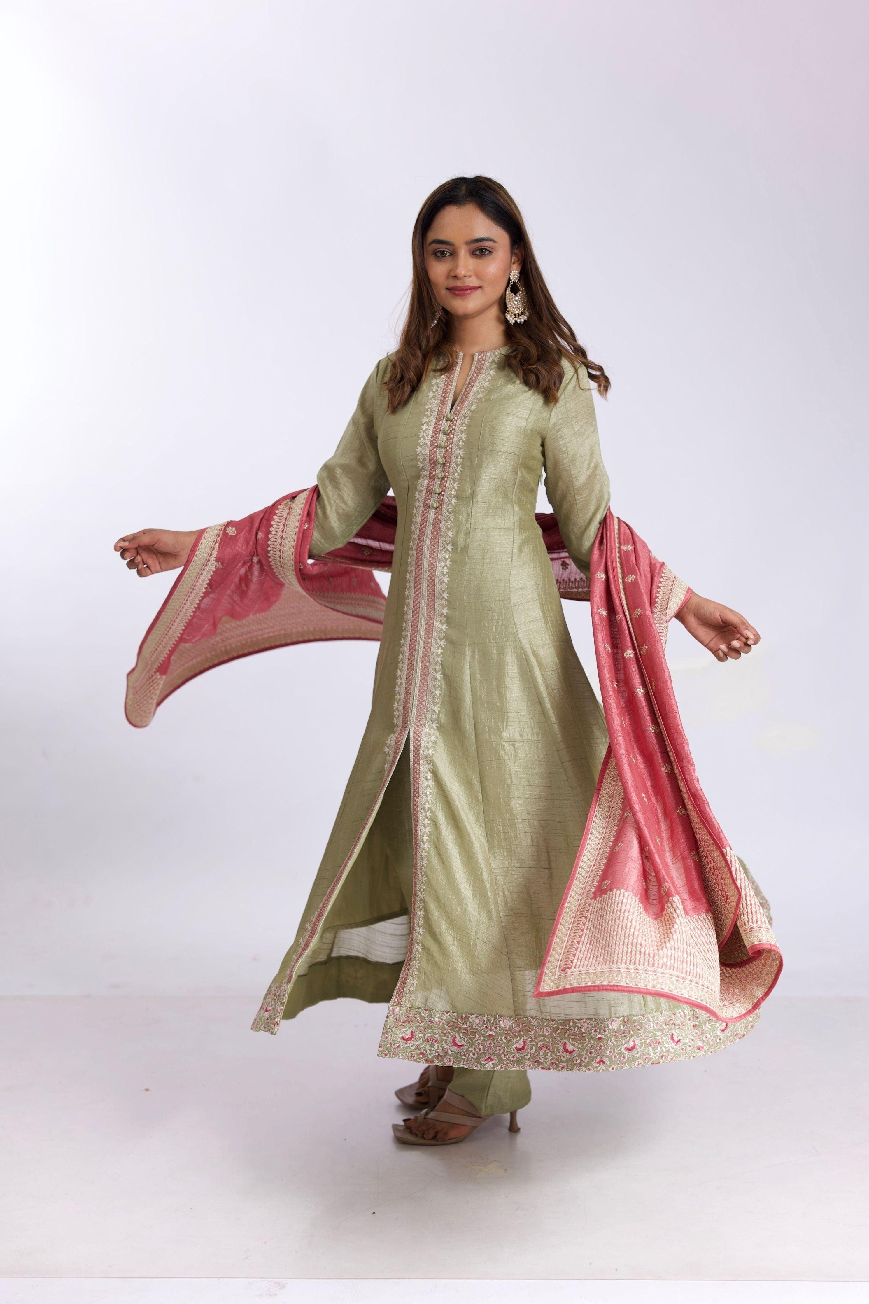 Stunning Sage Green Silk Anarkali Suit Set With Pink Satin-Silk Dupatta - Mokshaa