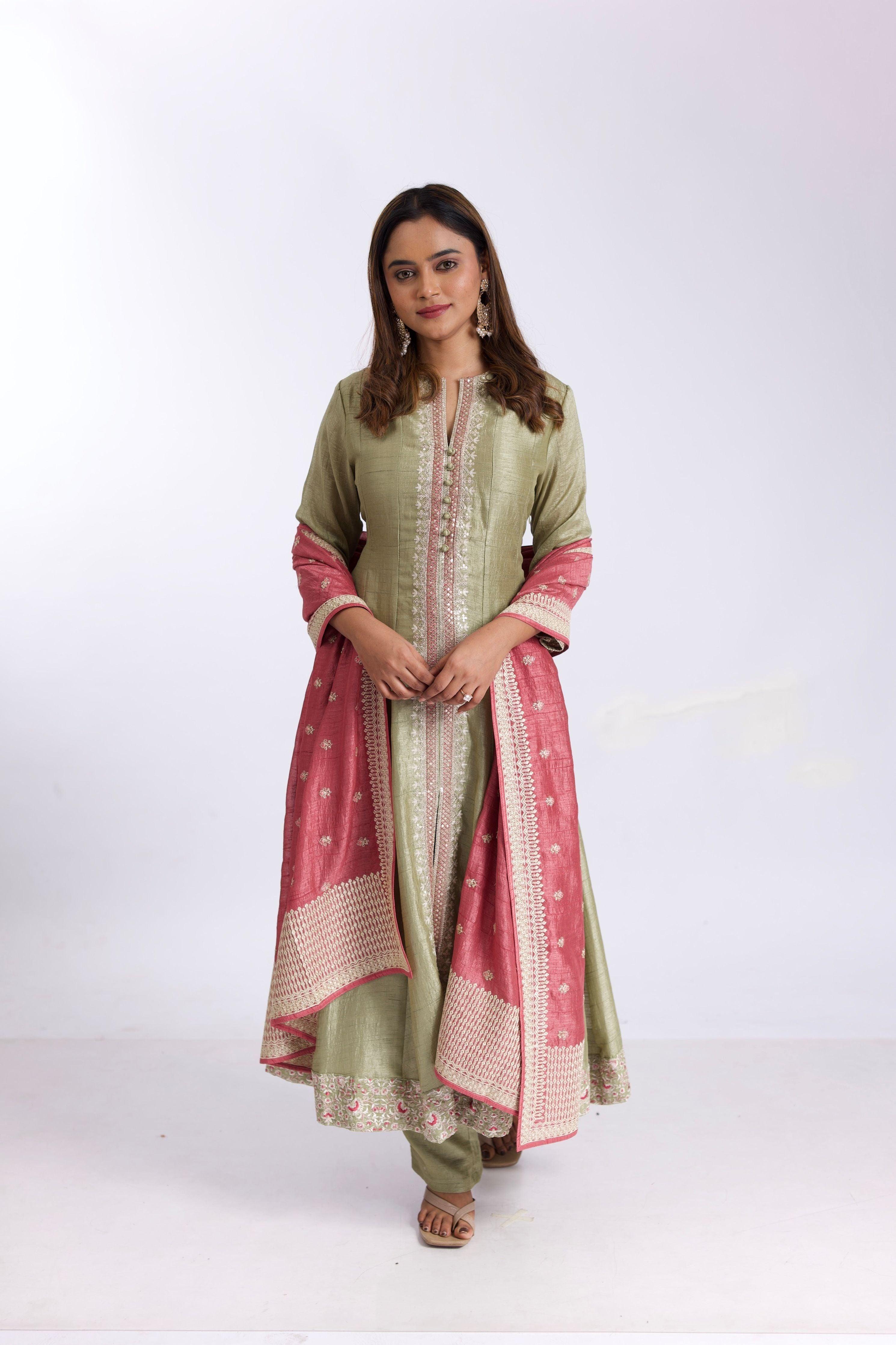 Stunning Sage Green Silk Anarkali Suit Set With Pink Satin-Silk Dupatta - Mokshaa