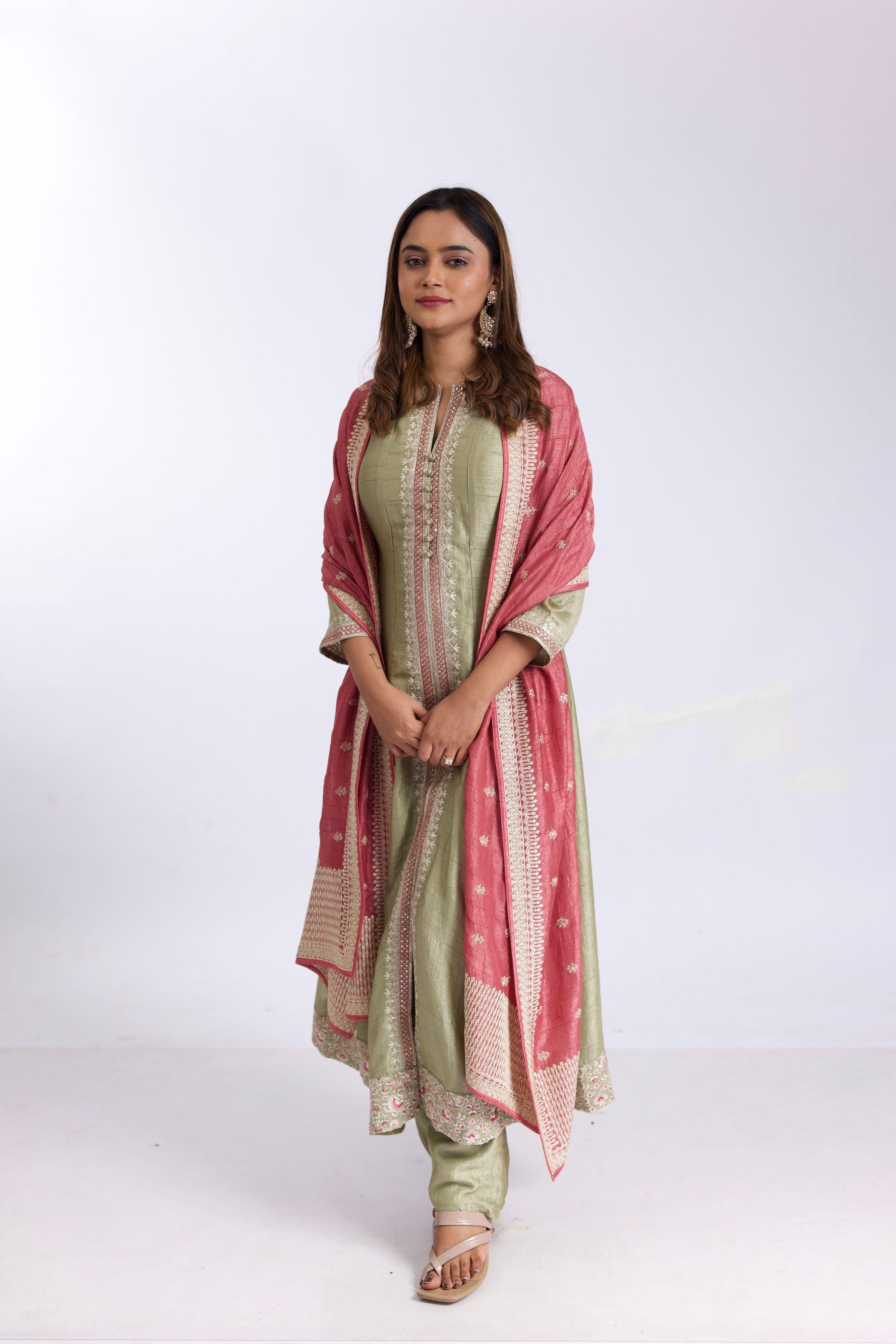 Stunning Sage Green Silk Anarkali Suit Set With Pink Satin-Silk Dupatta - Mokshaa
