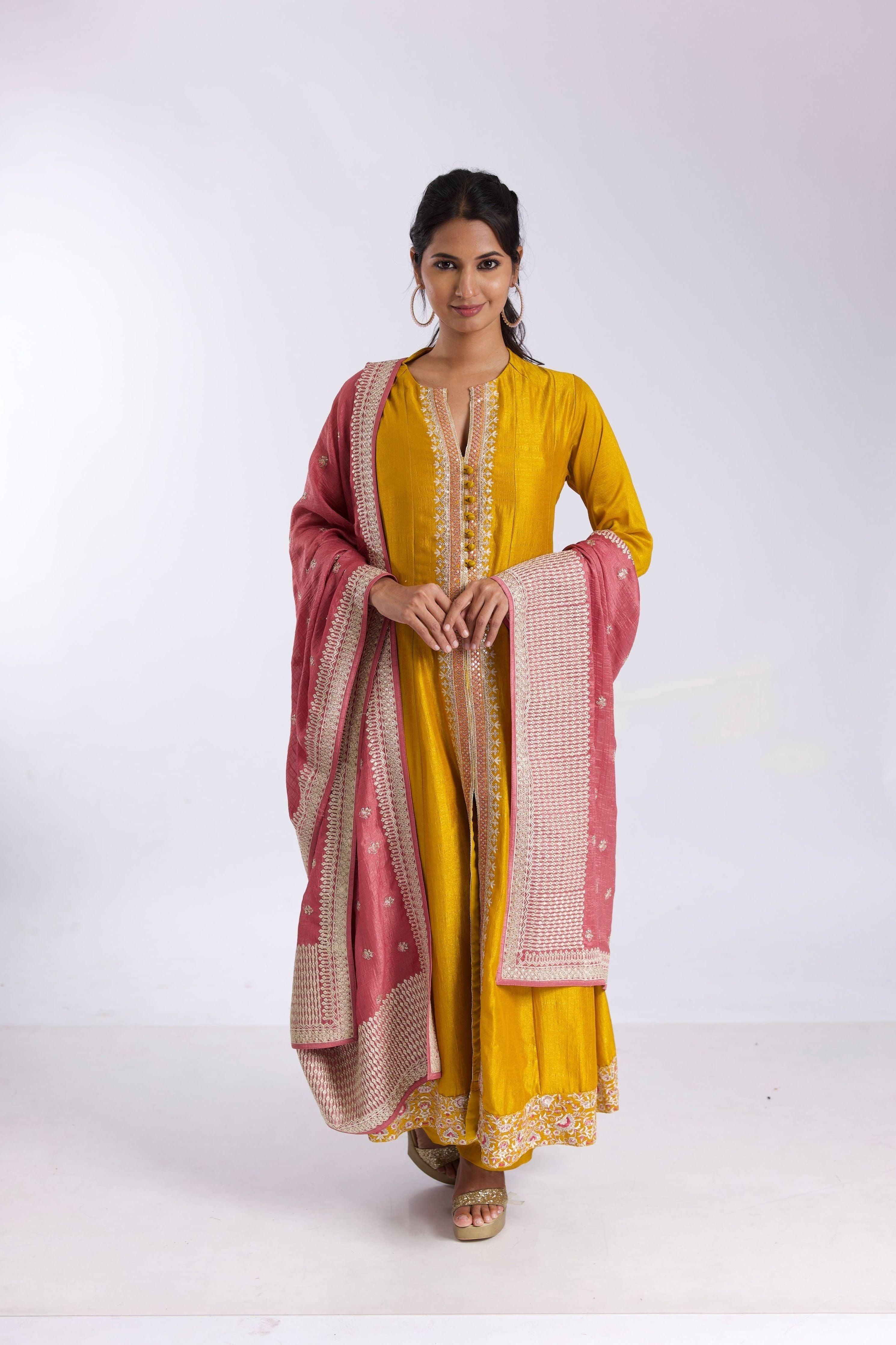 Elegant Mustard Silk Anarkali Suit Set With Salmon Pink Satin-Silk Dupatta - Mokshaa